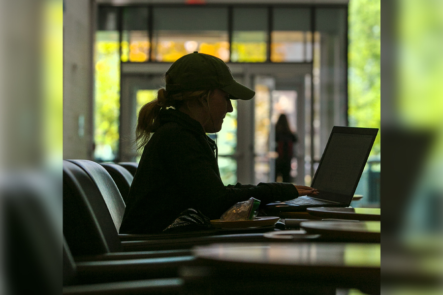 Person on a computer in Hyland Hall.