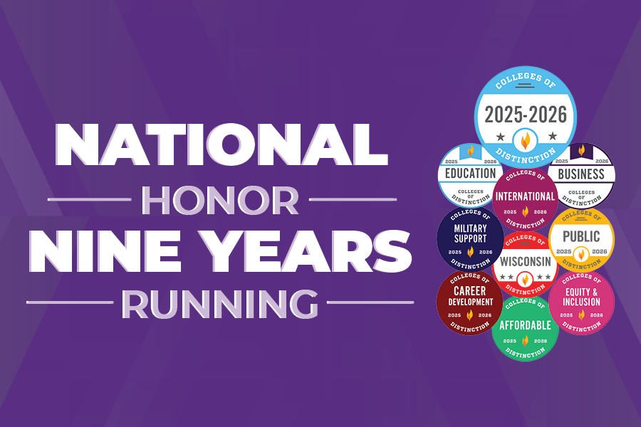 Nine College of Distinction badges with the words national honor nine years running.