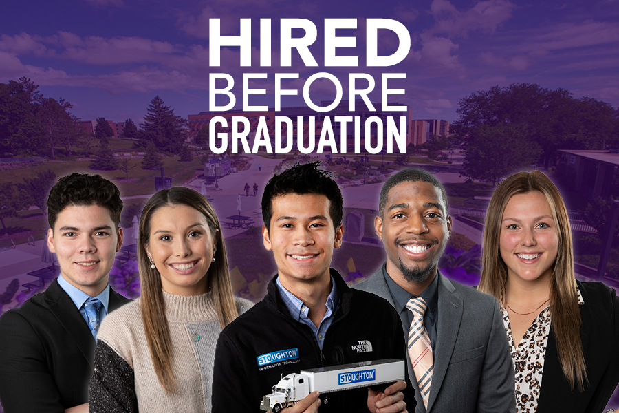 Hired before graduation graphic with five students.