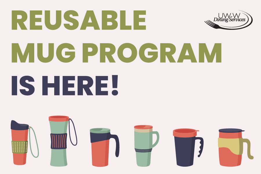 Reusable mug program graphic with many mugs at the bottom.