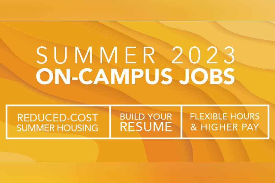 Summer 2023 On-campus jobs graphic with orange-yellow background.