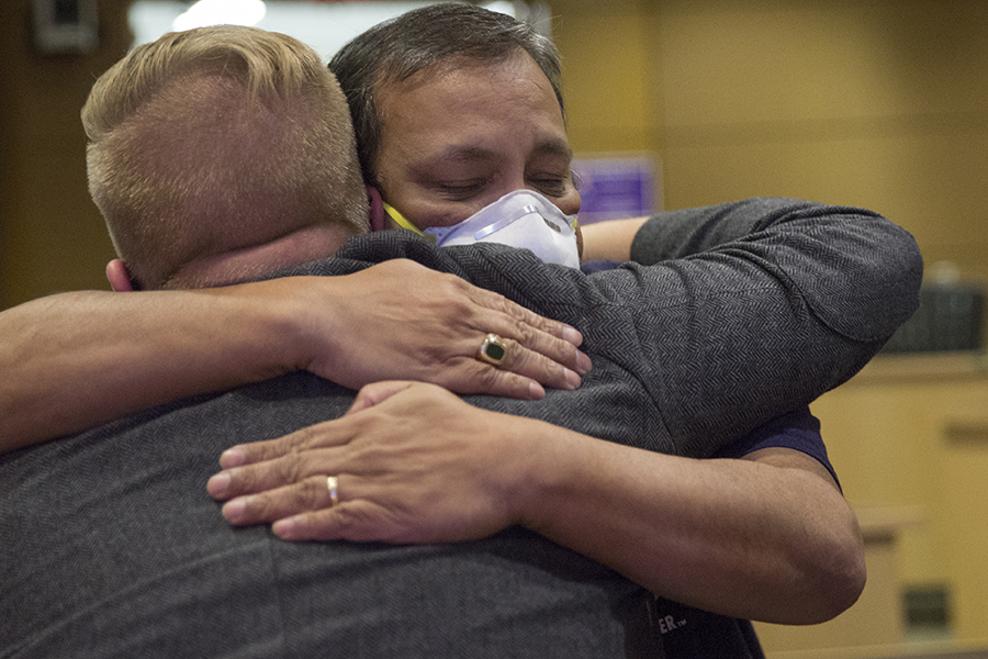 Basu hugs Jaworski.