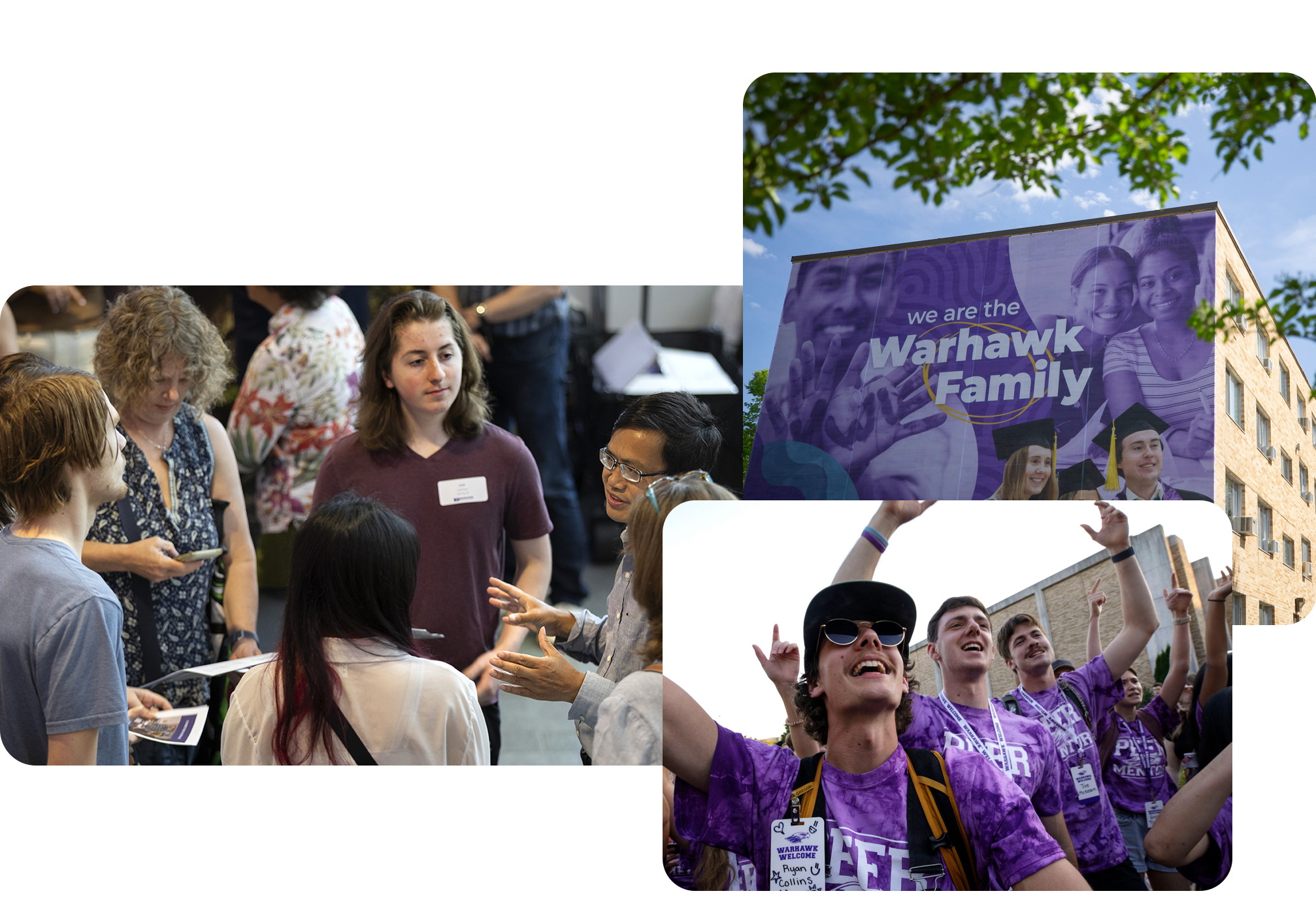 Collage of pictures with students at UWW in various settings and a building with a large sign.