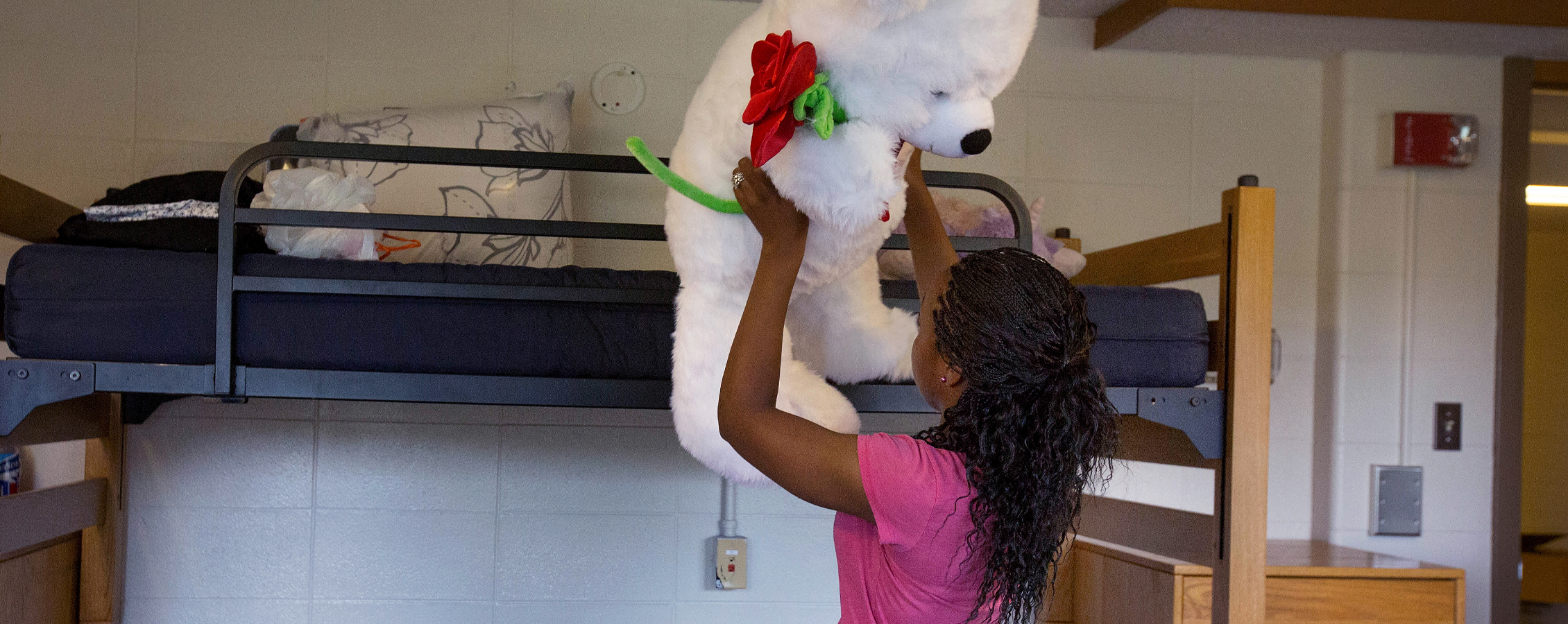 A student lifts a large white teddy bear onto the top bunk..