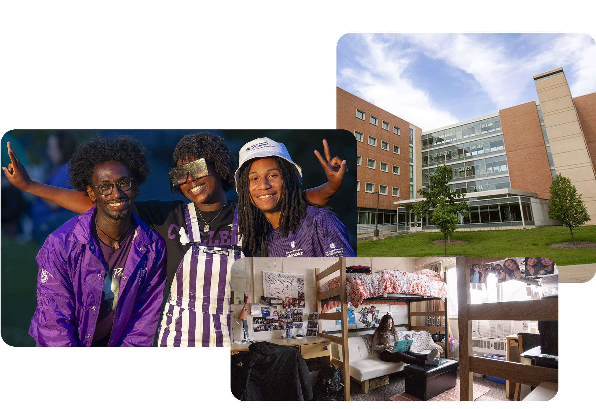 A compilation of three photos showing a student in their dorm room, students playing basketball, and a residence hall lobby with tables and a fireplace.