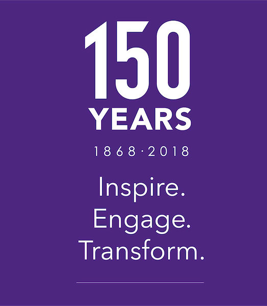 150 logo: 150 years 1868-2018. Inspire. Engage. Transform.