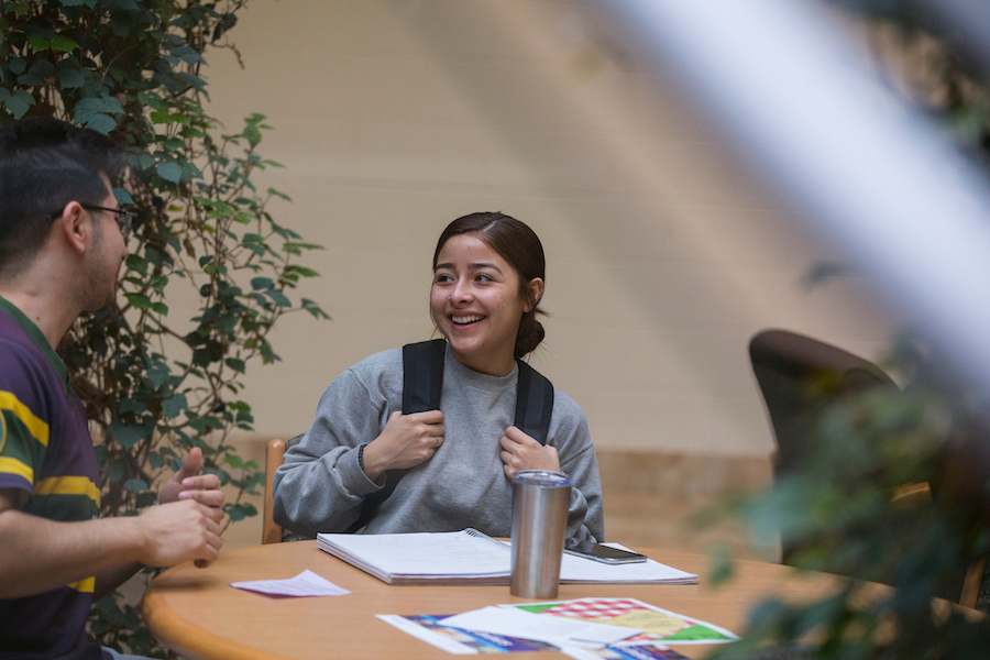 Image: Two adolescents sitting and talking at a table.
