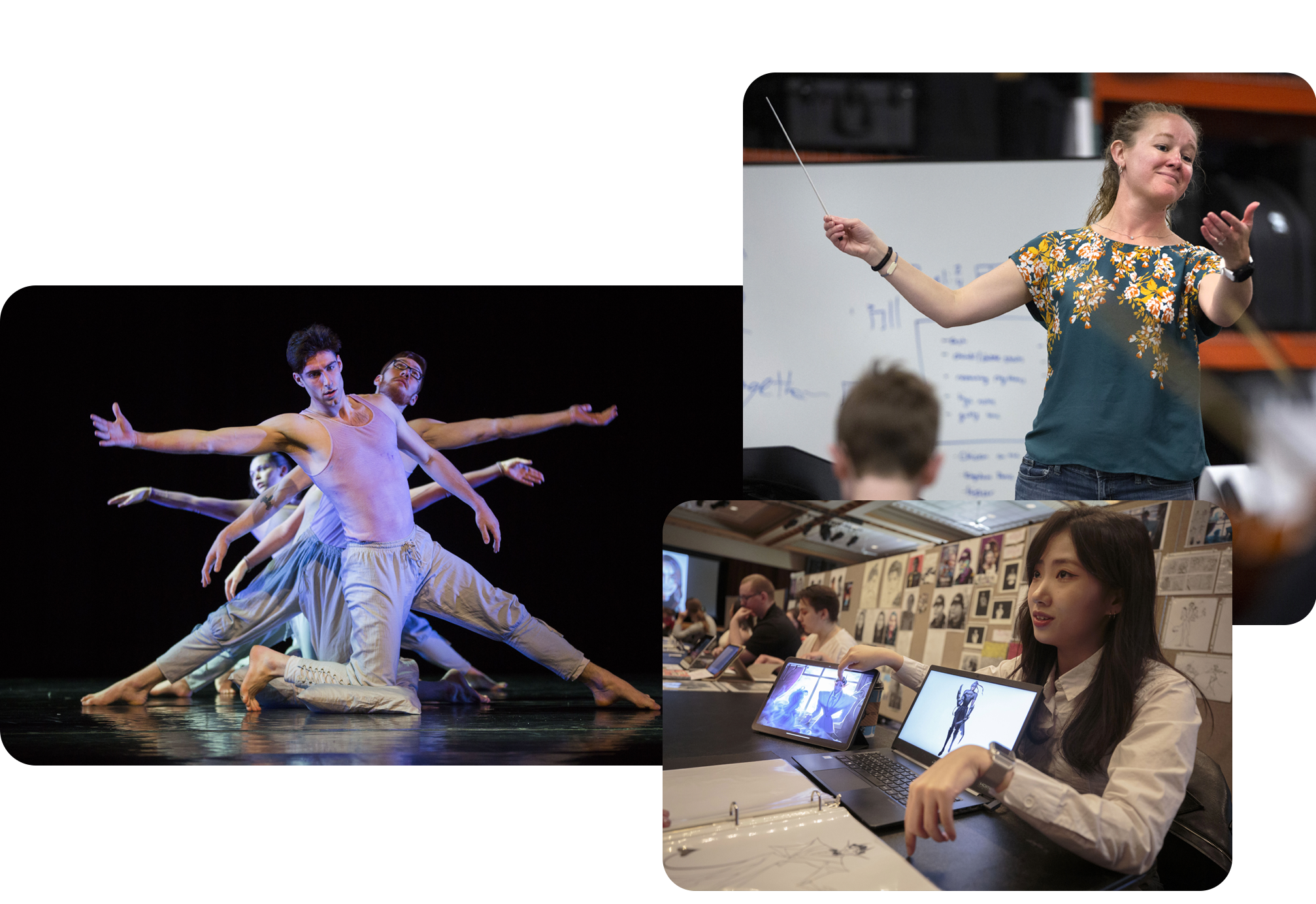 Collage of dancers, person conducting music class, and graphic arts student.