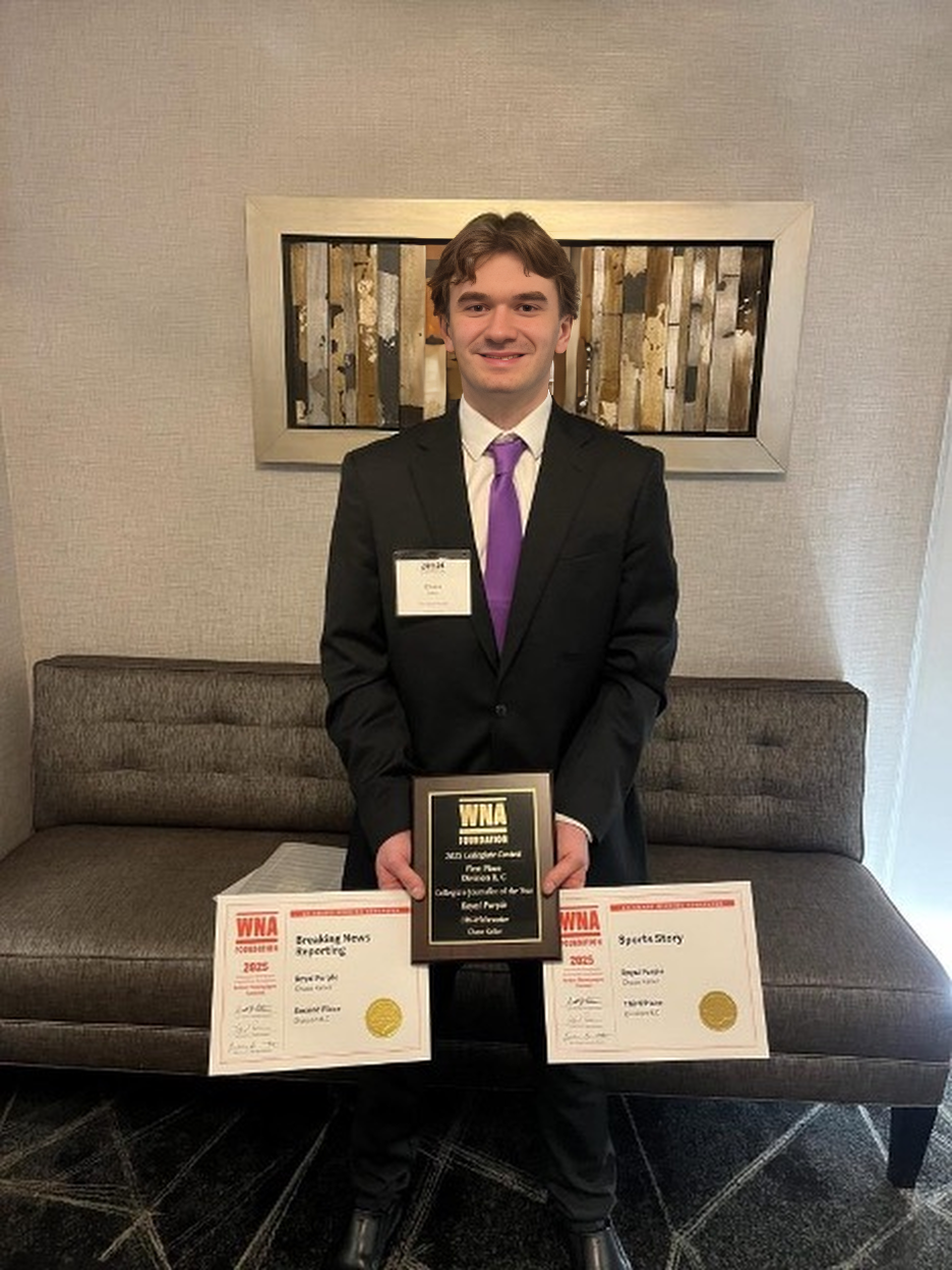 UW-Whitewater student Chase Keller showing his awards from WNA