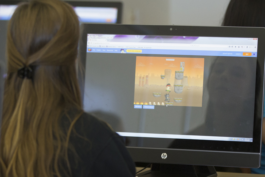 A person with their back to the camera, works on a computer.