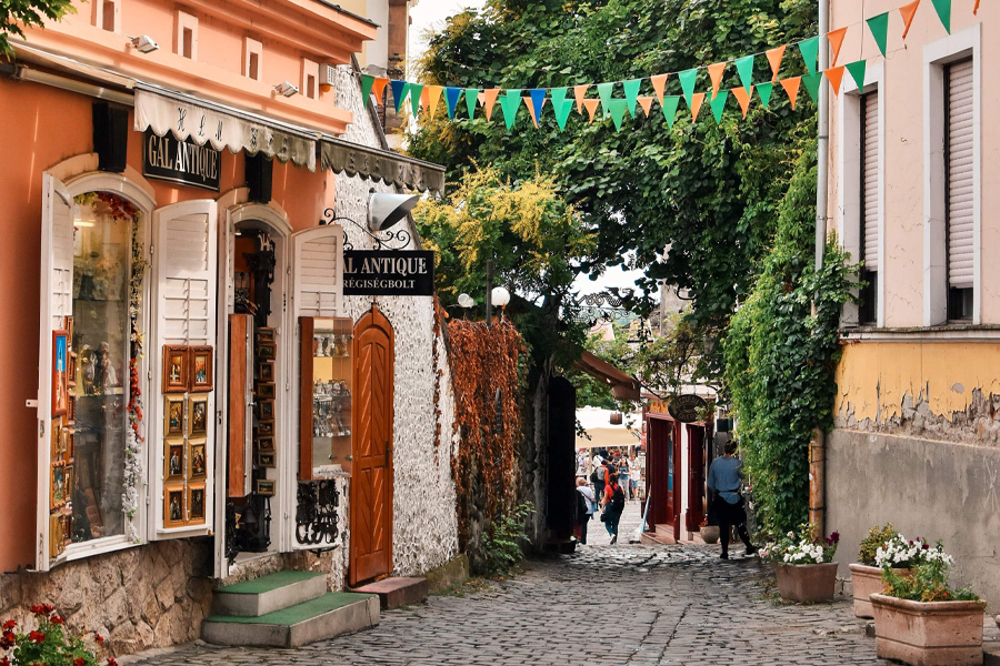 A cobblestone walkway in France between two buildings.