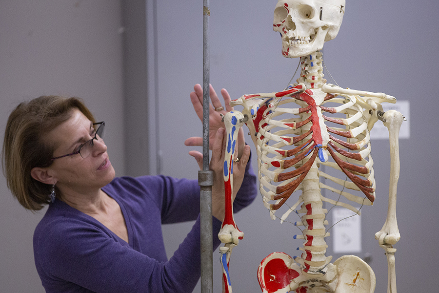 A faculty member speaks and gestures toward a skeleton in a classroom.