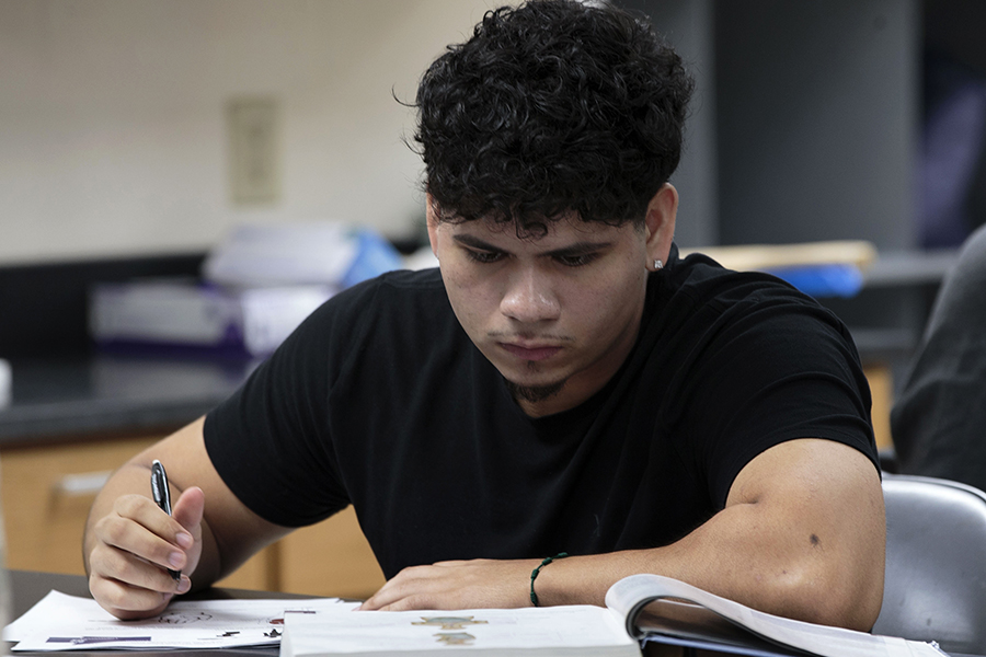 A student in a black shirt looks through an academic book and takes notes.