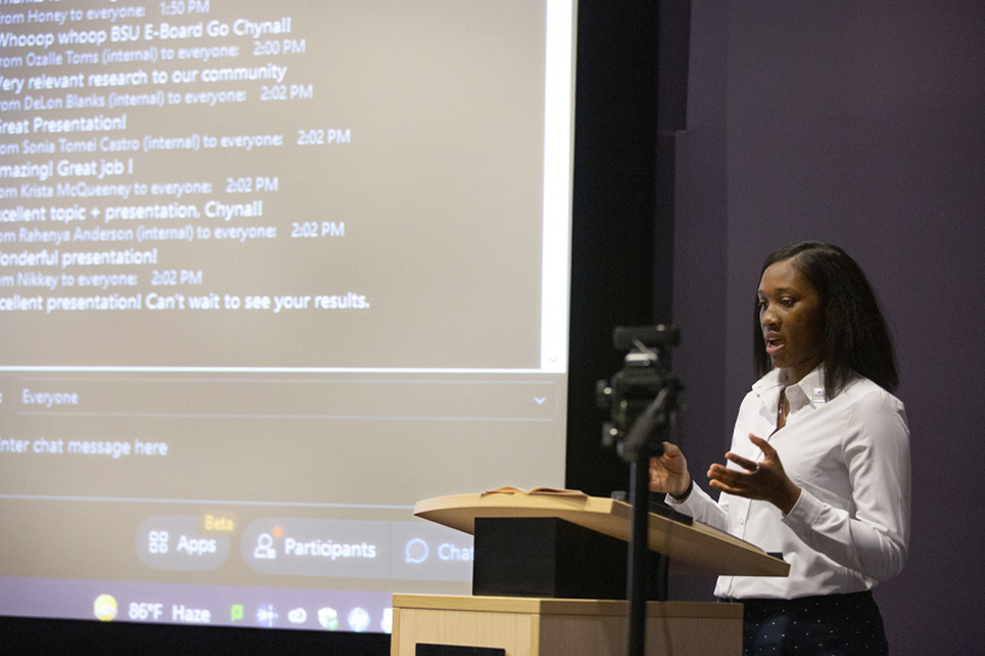 Psychology student presents to class.