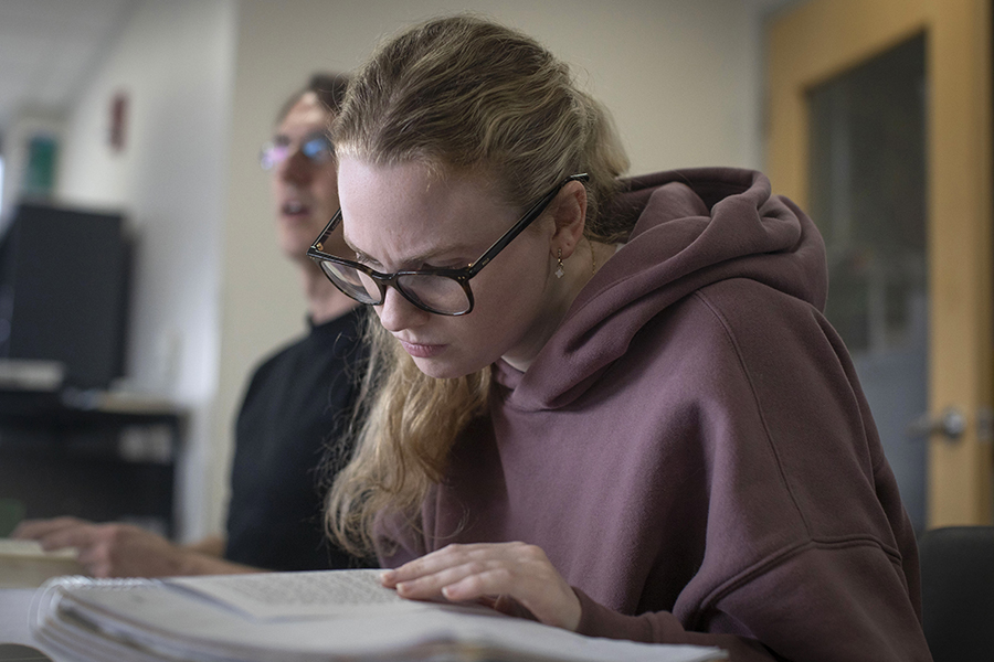 A student reads a book.