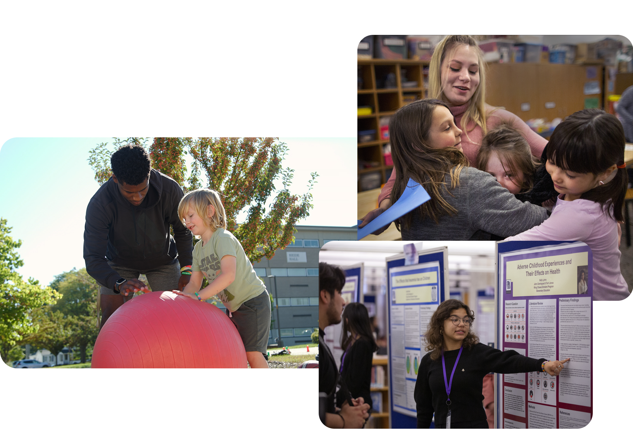 Collage of person playing with child outside, person hugging three children, and person presenting research findings.
