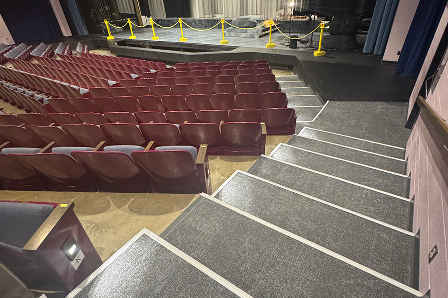 Stairs and seats at the Barnett Theater with the stage in the background