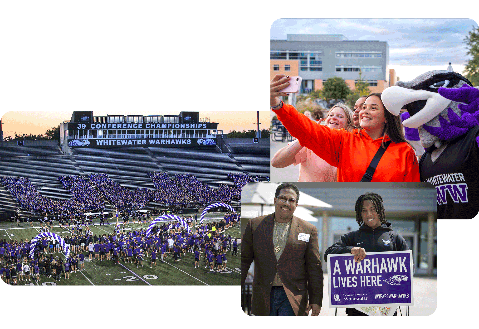 A collage of three photos shows a group of people taking a selfie with Willie Warhawk, a person holding a purple sign that says a Warhawk lives here, and a crowd shot of students forming a UWW in the football stands.