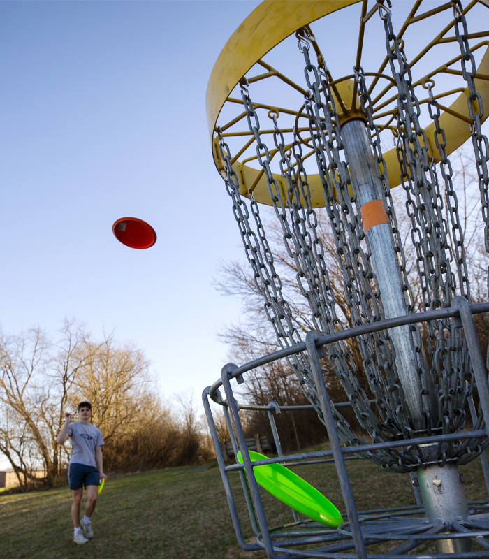 A person throws a frisbee into a disc golf basket.