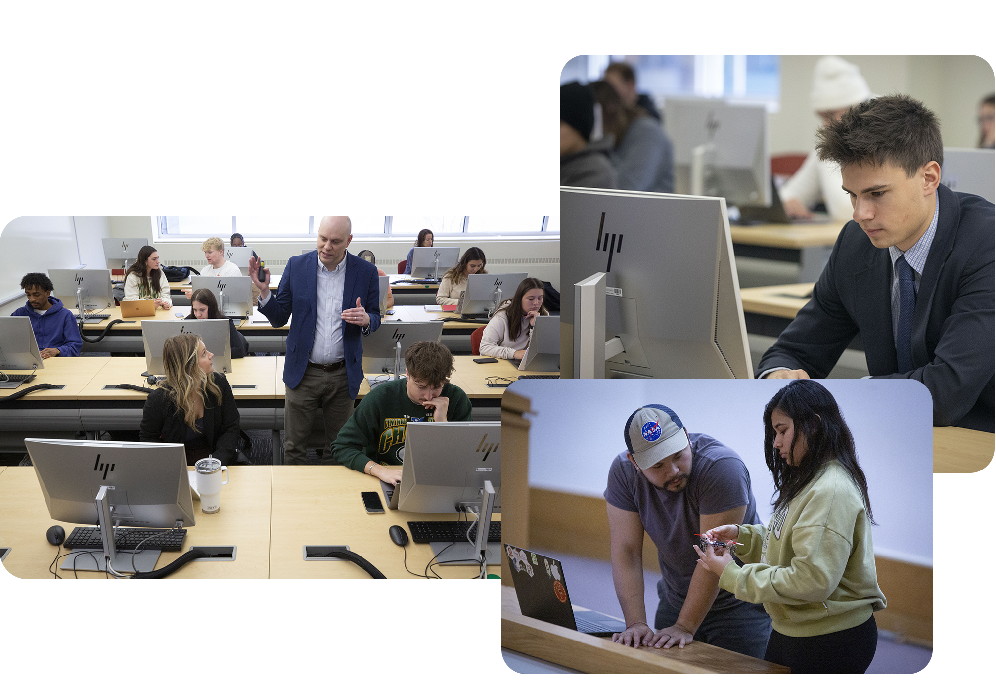 A compilation of students and faculty on computers.