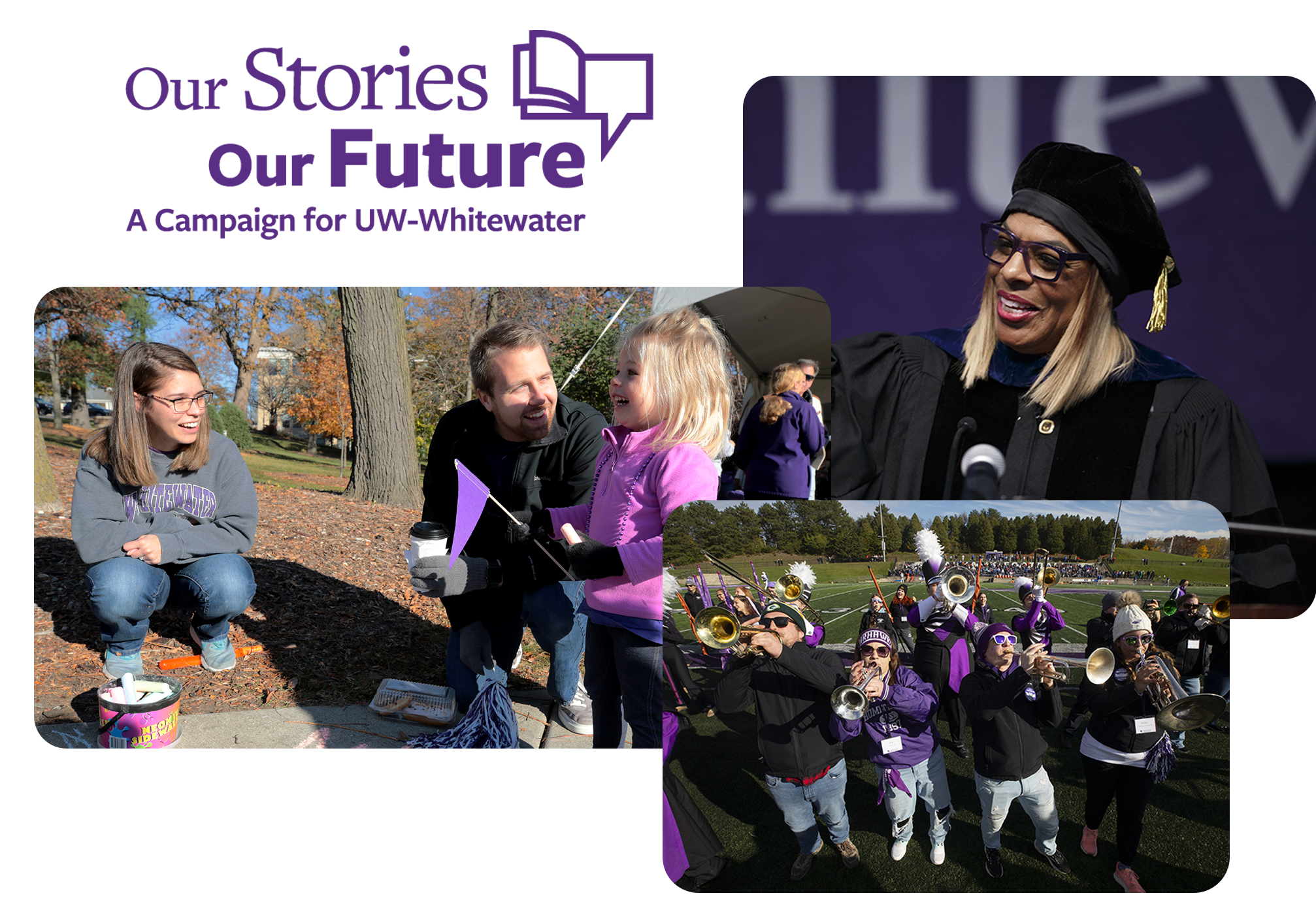 A compilation of UW-Whitewater alum and a purple logo that says Our Stories Our Future..
