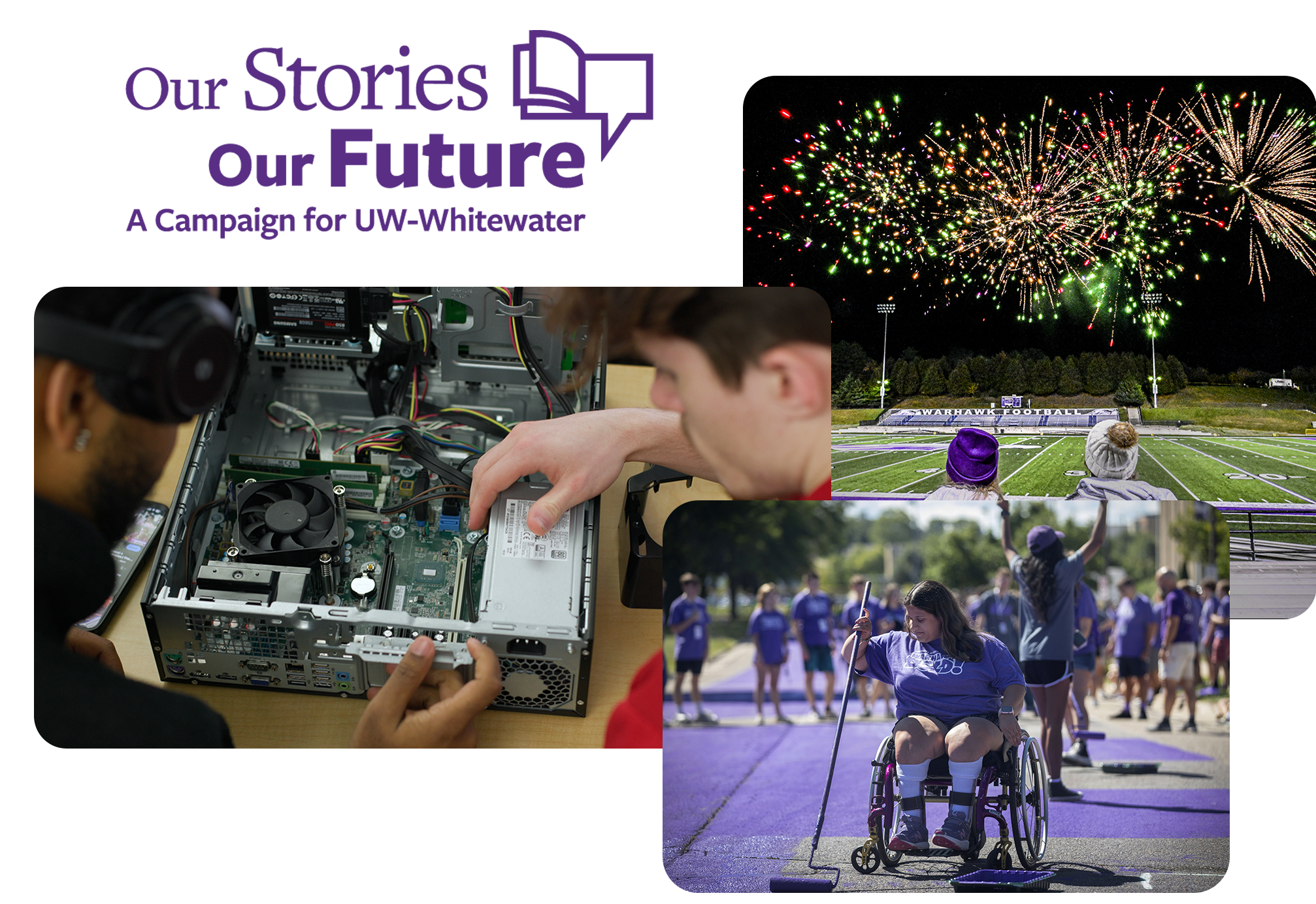 A compilation of UW-Whitewater alum and a purple logo that says Our Stories Our Future..
