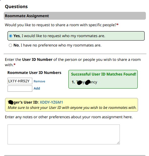 Screen shot of roommate request question