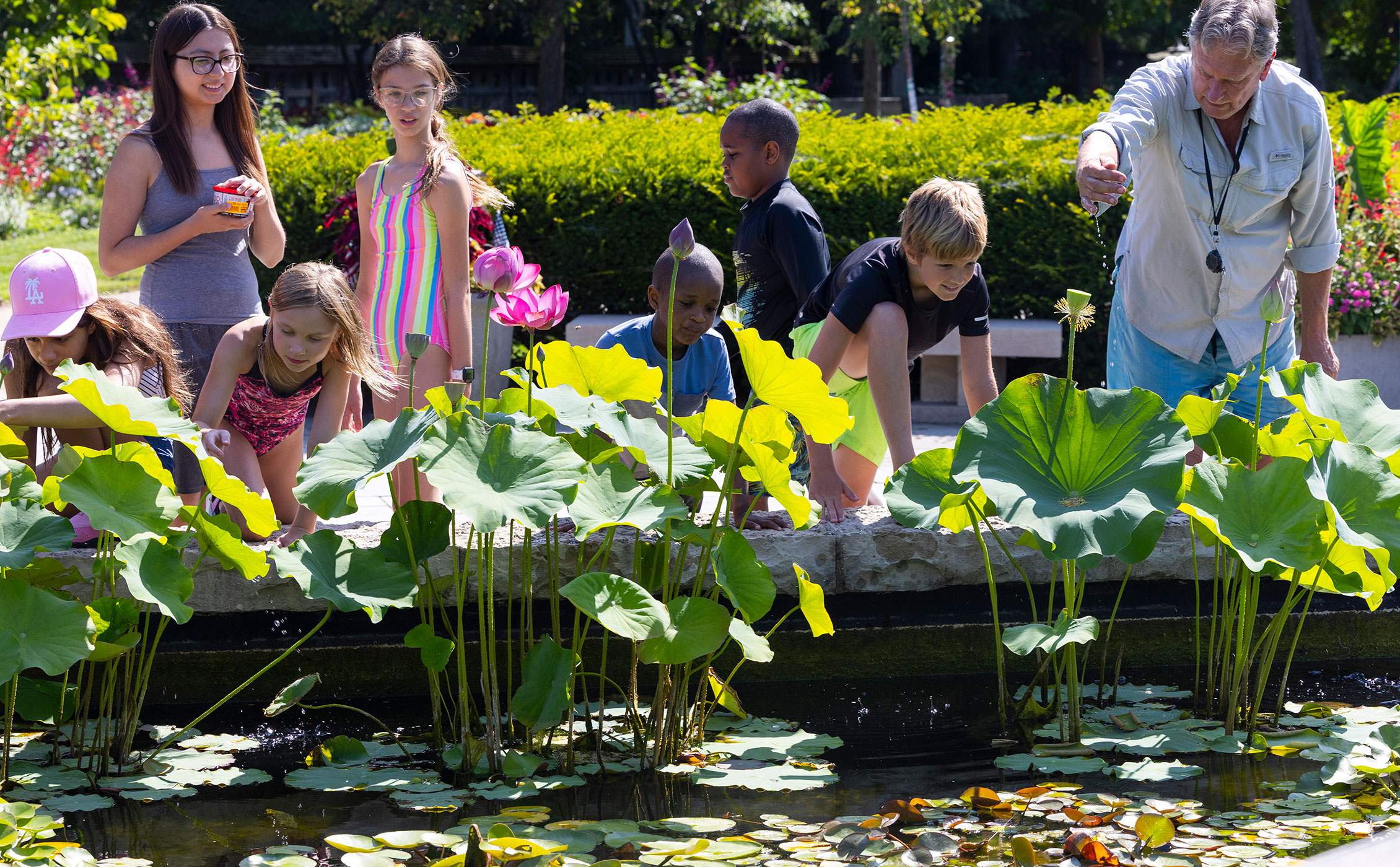 Children gathered around and looking into a courtyard fountain full of lillypads.