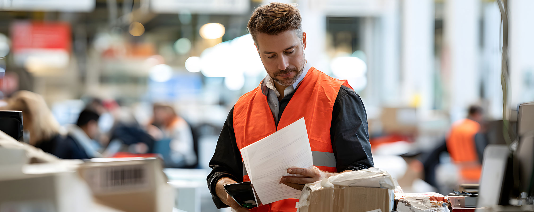 Freight worker taking inventory of packages in his facility.