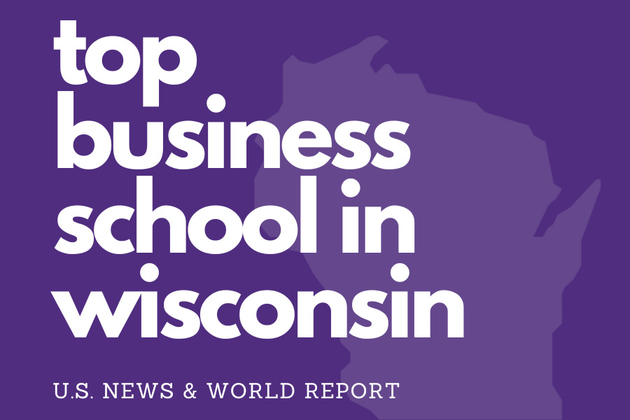 Purple graphic says top business school in wisconsin.