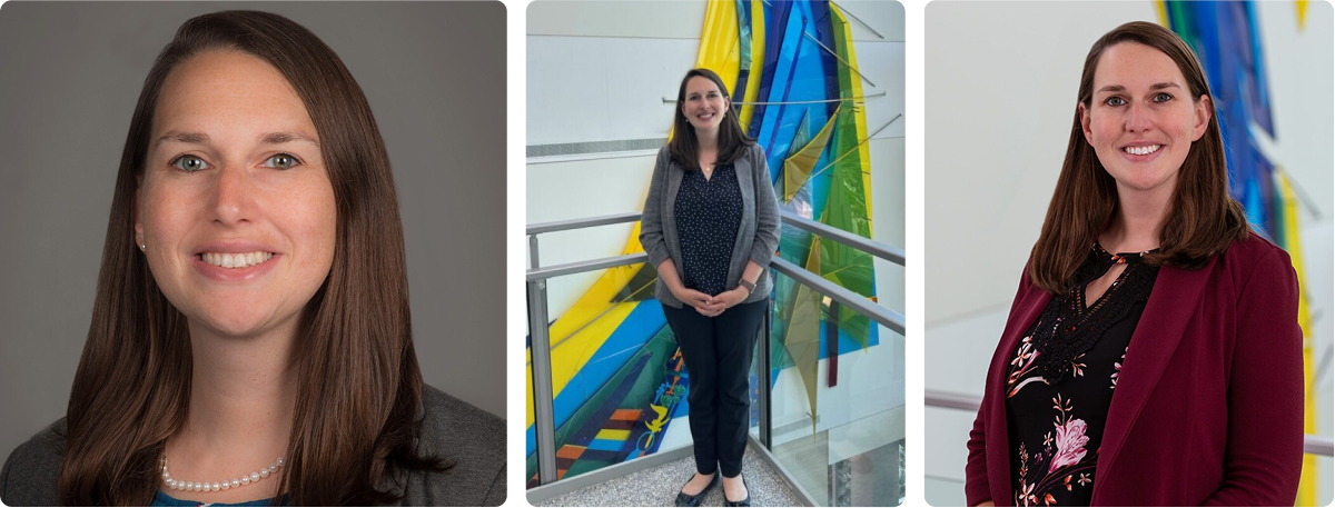 Three photos of Jennine Fox: a professional headshot, a smiling photo in Hyland Hall on her last day of classes in the UWW DBA program, and a cohort headshot.