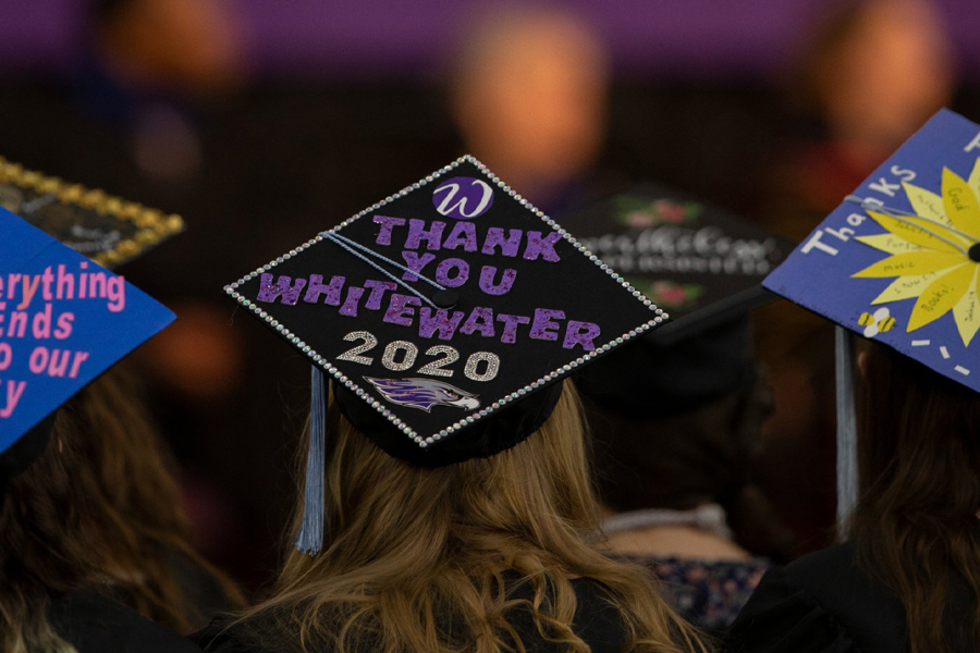 A graduation cap says thank you UW-Whitewater 2020.