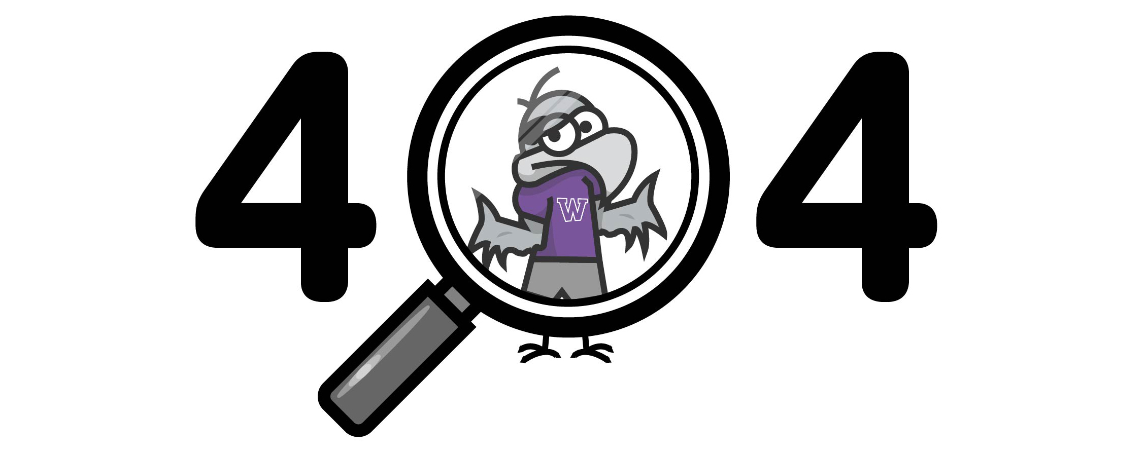 A magnifying glass is on top of a cartoon Willie Warhawk shrugging his shoulders, says 404.
