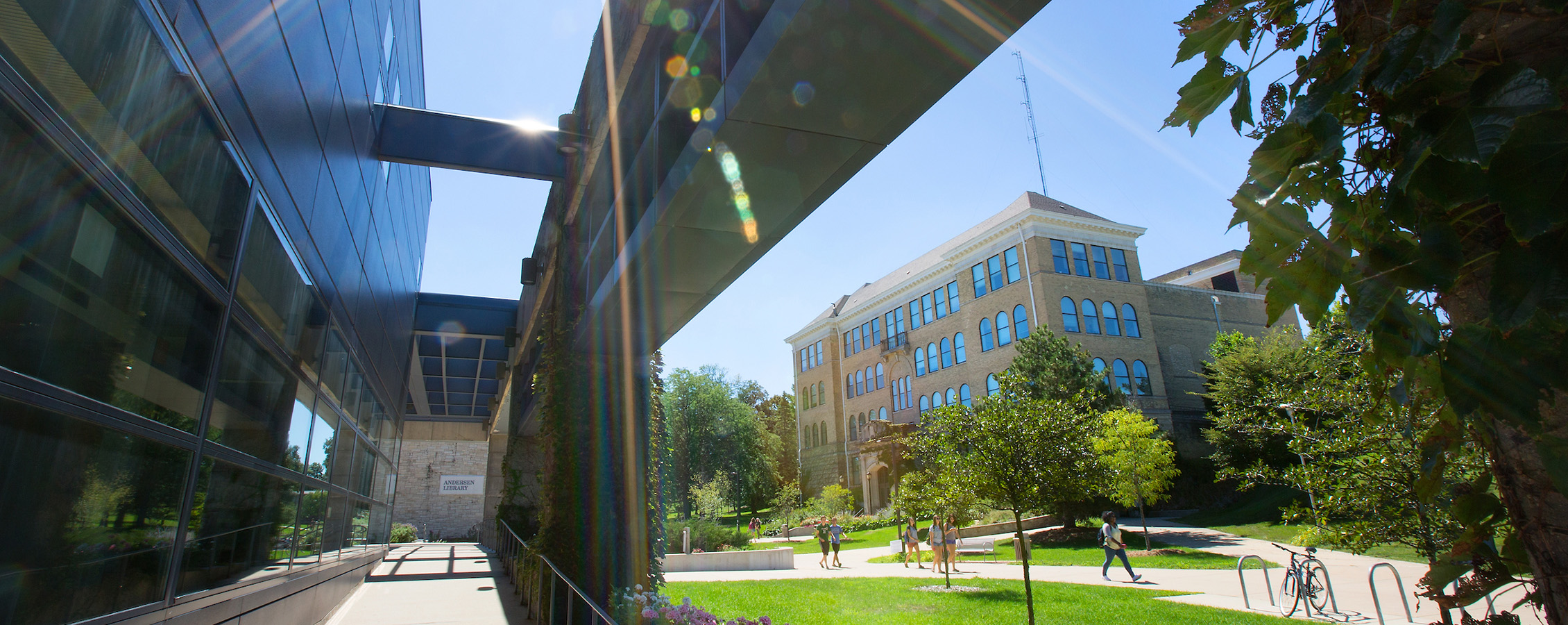 View of Hyer Hall with overhang at McGraw Hall in the foreground