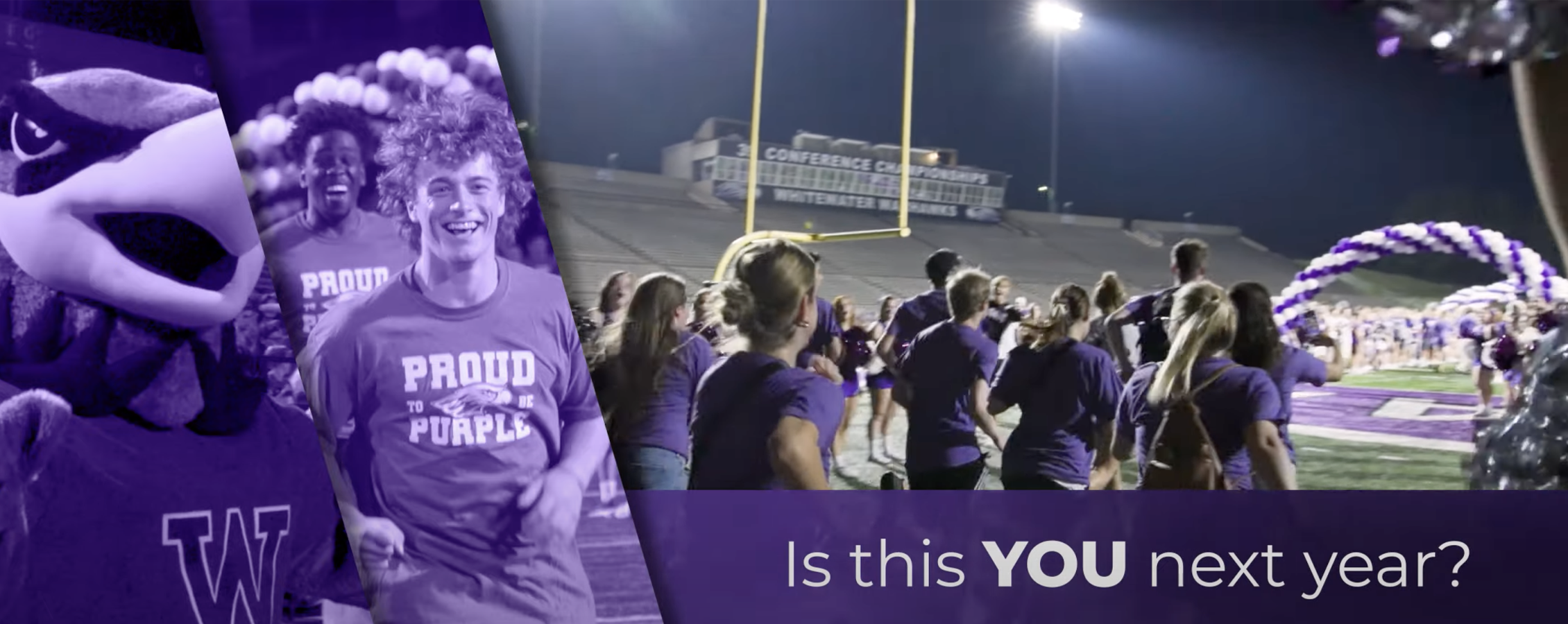 A compilation of three photos: Willie Warhawk, two students smiling at the camera, and a group of students running onto the football field under a balloon arch..