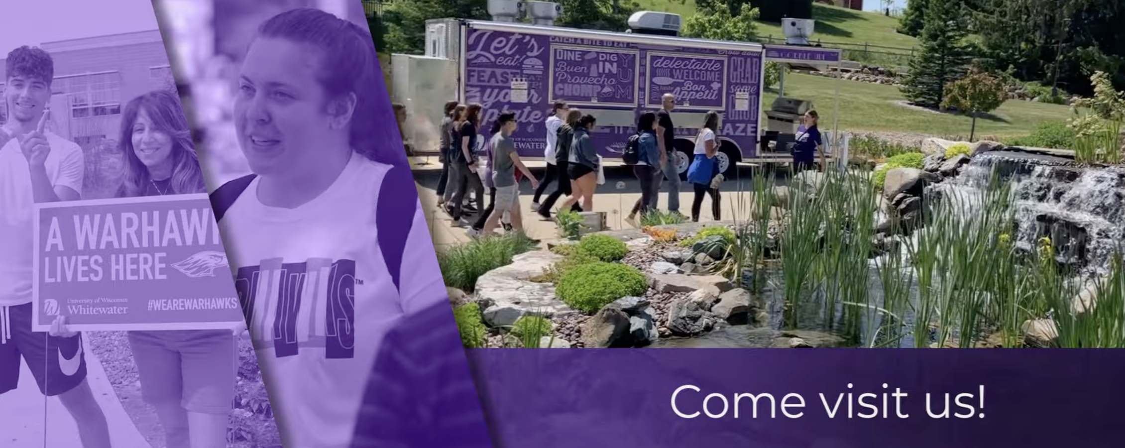 A collage of images showing the UW-Whitewater campus with a message that says come visit us.