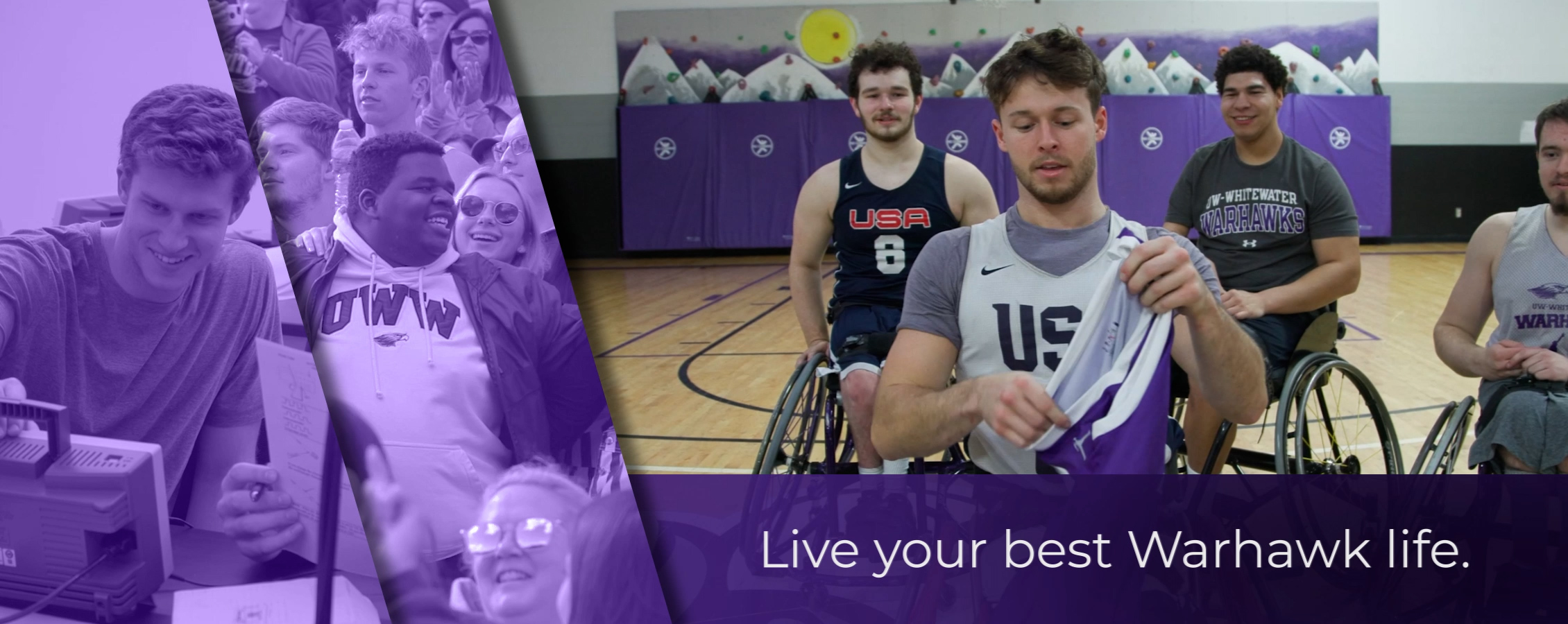 A compilation of three photos: a student looking a computer, a student smiling and a student checking out a new jersey in a gym.