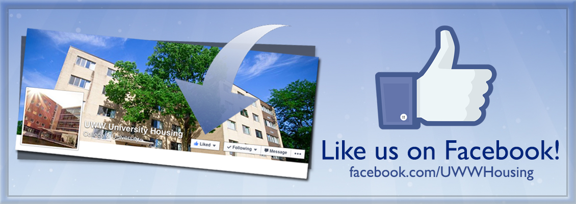 Image of a dorm with a request to like UWW on Facebook