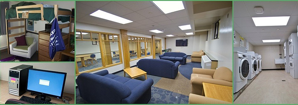 Series of pictures showing a dorm's amenities 