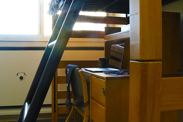 Underneath a lofted bed, there is a desk with a laptop on top of it.
