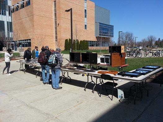 Students looking at exhibit