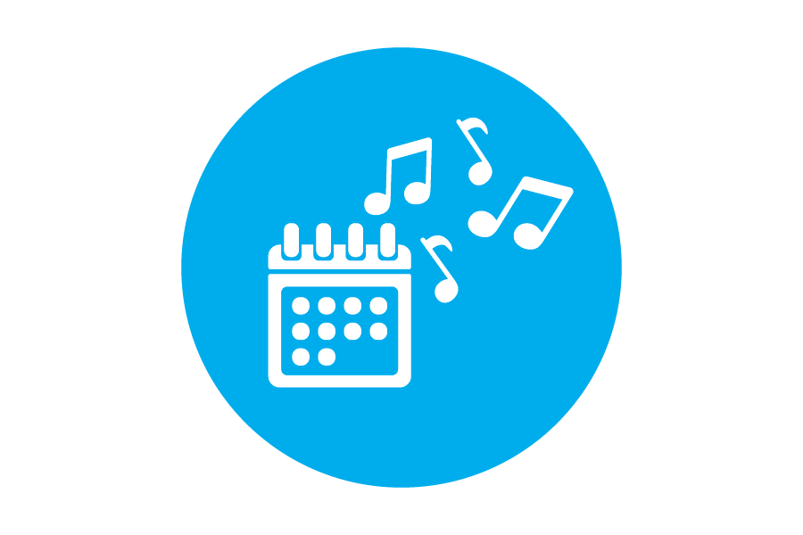 Graphic of calendar and music notes on a blue background.