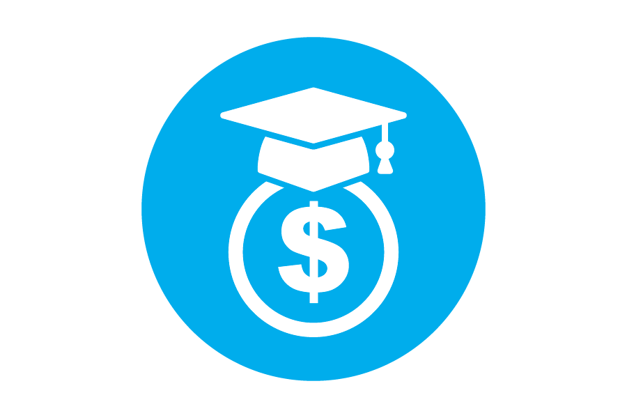 Icon of a graduation cap and a dollar sign.