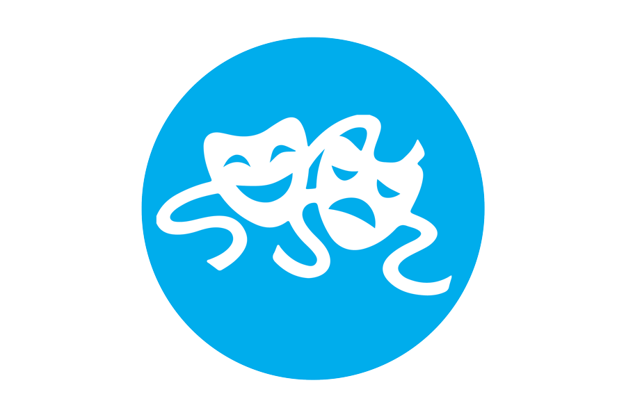 Graphic of two white masquerade masks on a blue background.