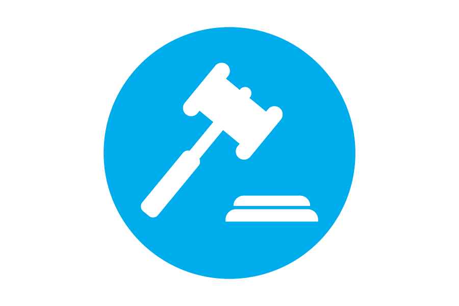 Icon of a white gavel on a blue background.