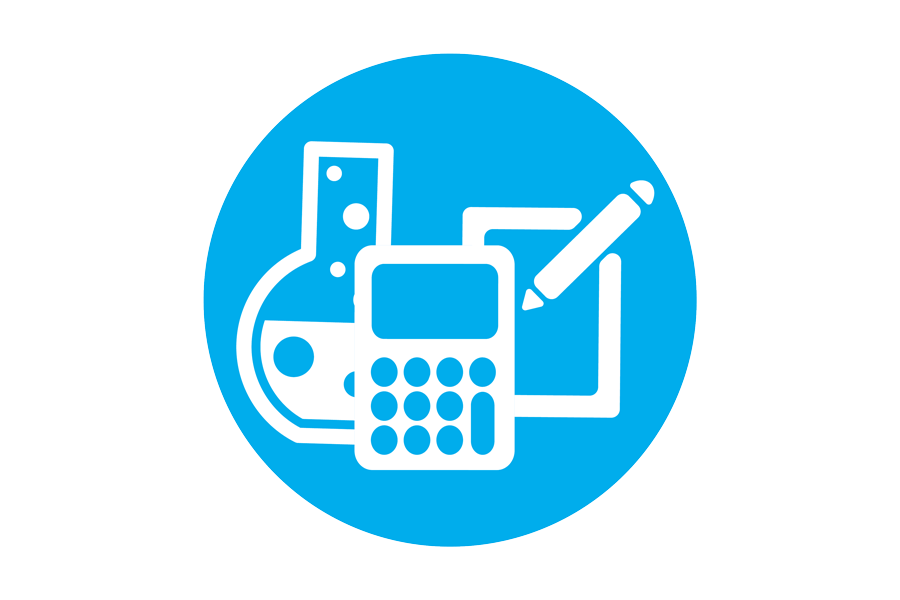 Graphic of a beaker, calculator and a tablet on a blue background.