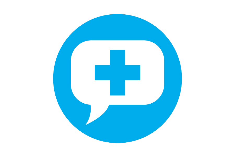 Icon of a virtual chat bubble with a health care plus sign.