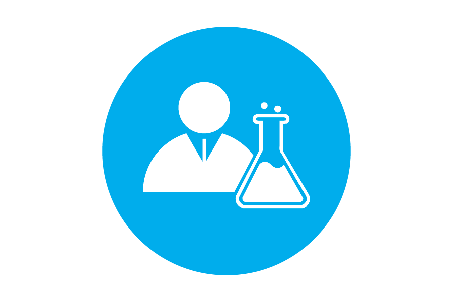 Blue icon of scientist and beaker.