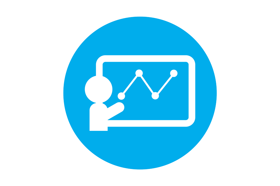 White figure on blue background with chart.