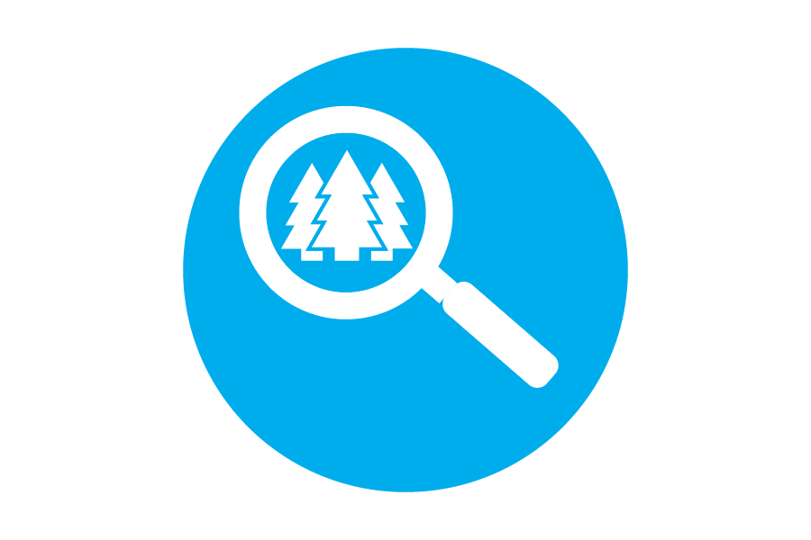 Blue icon of a magnifying glass looking at trees.